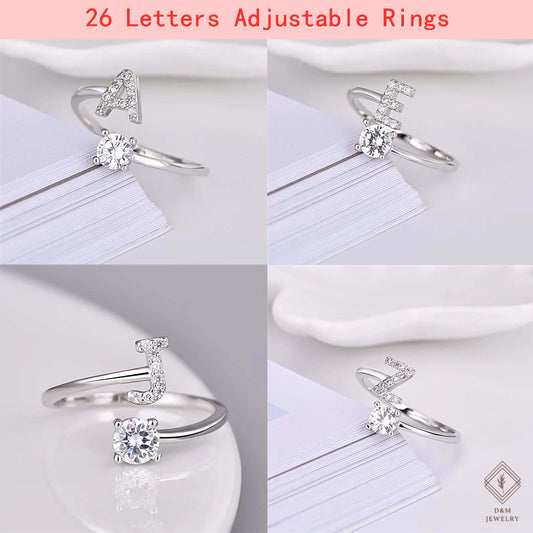 26 Letters Capital Crystal Letters Rings Cubic Zirconia adjustable Rings alphabet Rings Women Rings