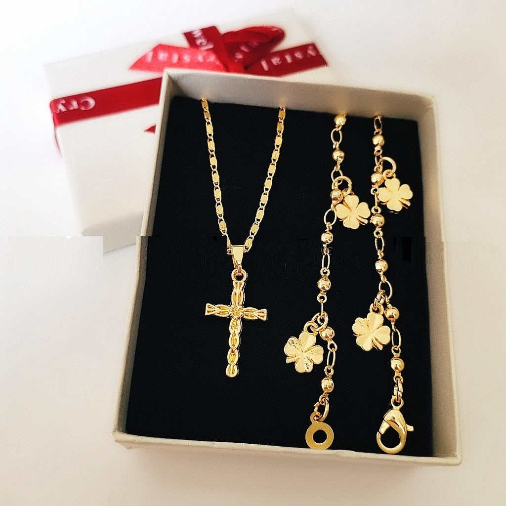 18k Bangkok gold cross necklace and lucky bracelet 2in1 for a set