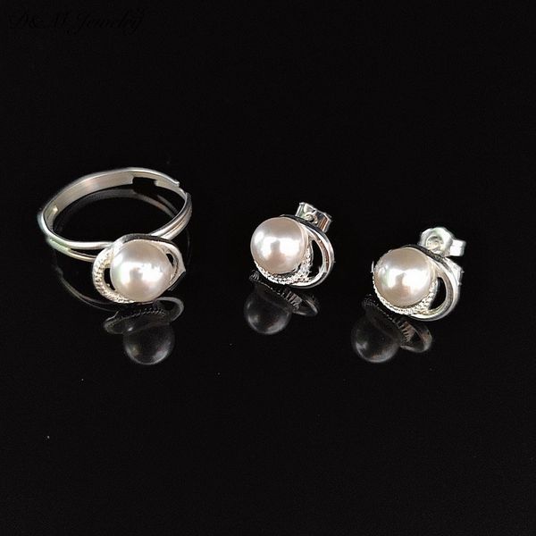 925 silver 3in1 pearl set earrings necklace ring size adjustable for women