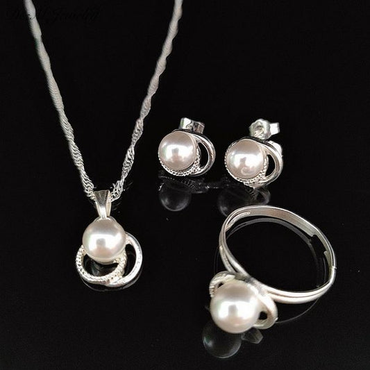 925 silver 3in1 pearl set earrings necklace ring size adjustable for women