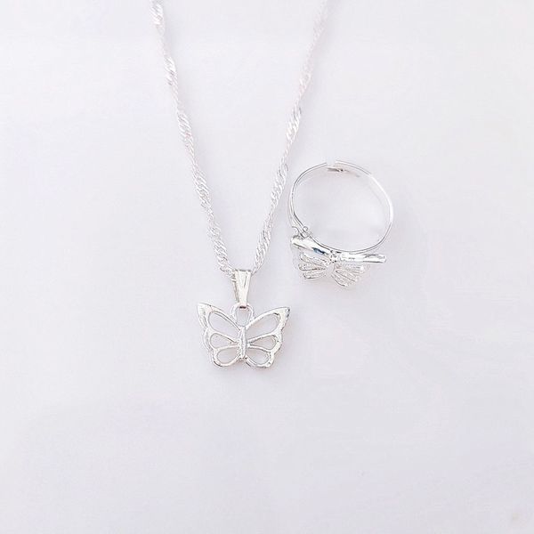 925 Silver Jewelry set 3in1 Necklace Earrings Ring(Adjustable) Butterfly