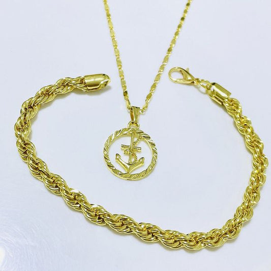 18k Bangkok gold Anchor necklace and lucky Unix bracelet 2in1 Jewelry set