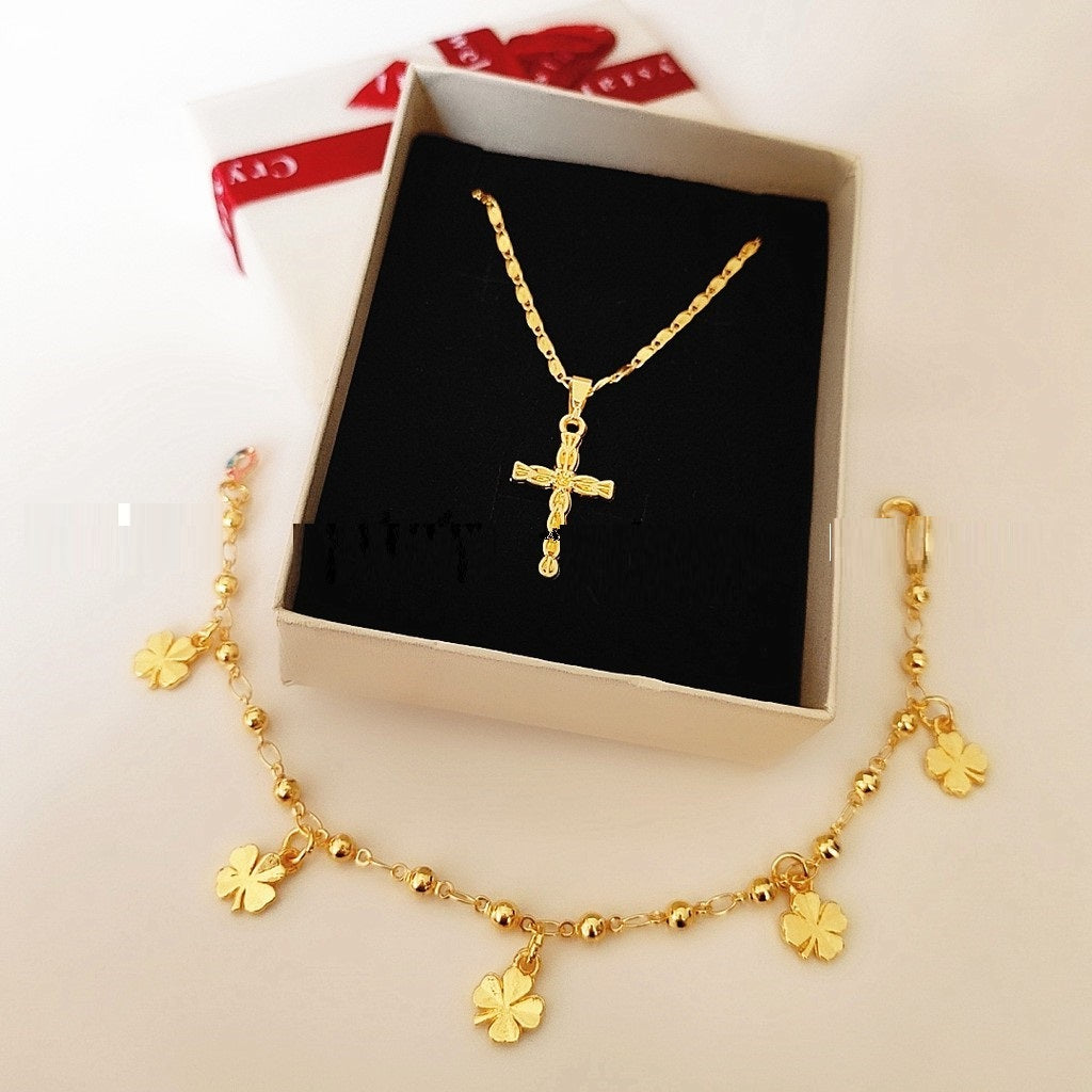 18k Bangkok gold cross necklace and lucky bracelet 2in1 for a set