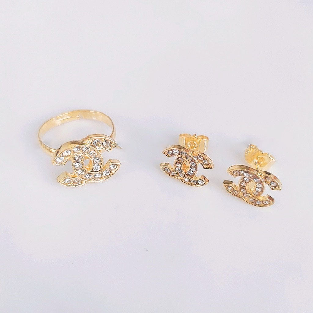 18k bangkok gold set 3in1 earrings necklace ring size adjustable